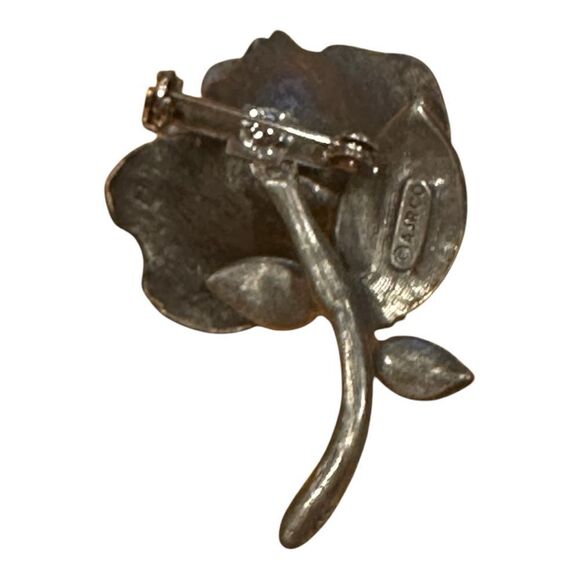 Vintage Brooch Pewter Layered Rose Stem Signed AJRCO Jewelry Pin - Picture 2 of 11